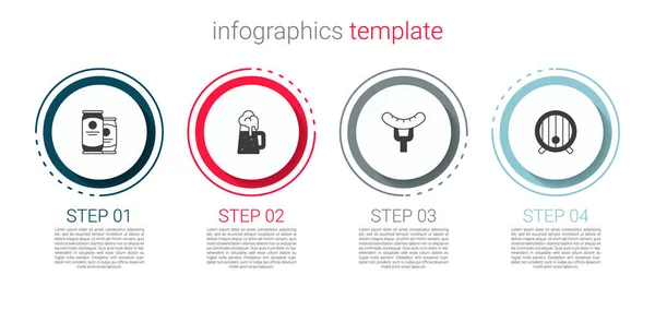 Set lata de cerveza, jarra de cerveza de madera, salchicha en el tenedor y el barril. Plantilla de infografía empresarial. Vector — Vector de stock