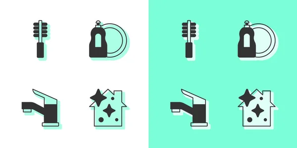 Set Servicio de limpieza del hogar, inodoro cepillo, grifo de agua y lavavajillas icono de la botella líquida. Vector — Archivo Imágenes Vectoriales