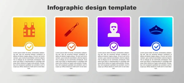 Definir colete à prova de balas, bastão telescópico, máscara ladrão e boné da polícia com cockade. Modelo de infográfico de negócios. Vetor — Vetor de Stock