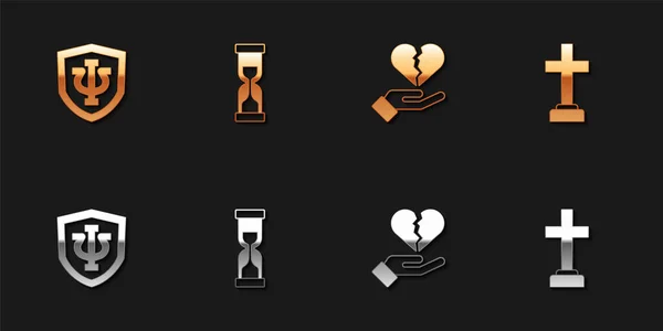 Set Psychology, Psi, Old hourglass, Broken heart or divorce and Graves funeral sorrow icon. Vector — Stock Vector