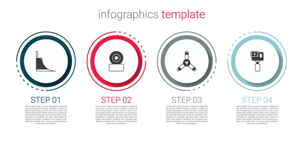 Set Skate park, rueda de monopatín, herramienta Y y cámara de acción. Plantilla de infografía empresarial. Vector — Vector de stock