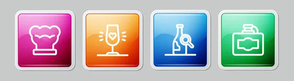 Set lijn Chef hoed, Wijnglas, Fles wijn en Kartonnen doos. Kleurrijke vierkante knop. Vector — Stockvector