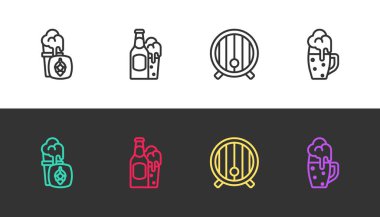 Bir bardak bira, bira şişesi ve cam, tahta fıçı ve siyah beyaz. Vektör