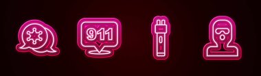 Hat Hexagram Şerifi, 911 'i arayın, polis elektrik şoku ve hırsız maskesi. Parlayan neon ikonu. Vektör