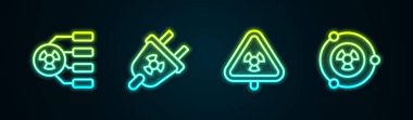 Set line Radioactive, Radiation electrical plug, Triangle with radiation and . Glowing neon icon. Vector
