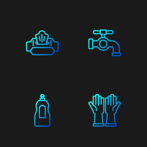 Set line Rubber gloves, Dishwashing liquid bottle, Wet wipe pack and Water tap. Gradient color icons. Vector — Stock Vector