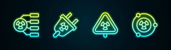 Set line Radioaktive, Strahlung elektrische Stecker, Dreieck mit Strahlung und. Leuchtende Leuchtschrift. Vektor — Stockvektor