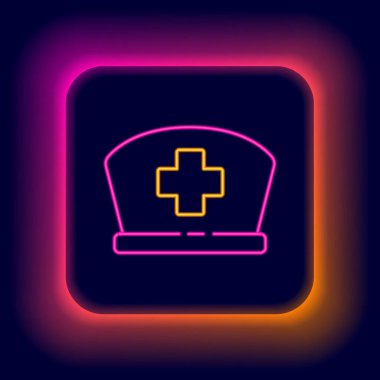 Siyah arka planda çapraz ikonu olan parlak neon çizgili hemşire şapkası. Tıp hemşiresi şapkası işareti. Renkli taslak konsepti. Vektör