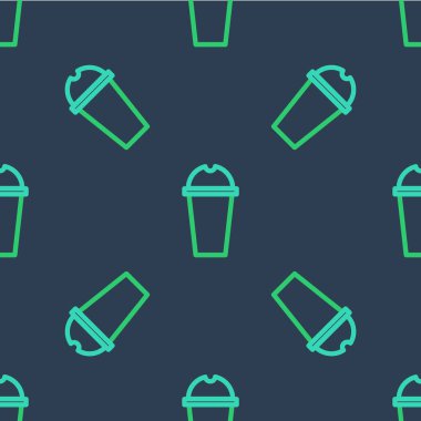 Çizgi milkshake simgesi mavi arkaplanda izole edilmiş kusursuz desen. Kapaklı ve samanlı plastik bardak. Vektör