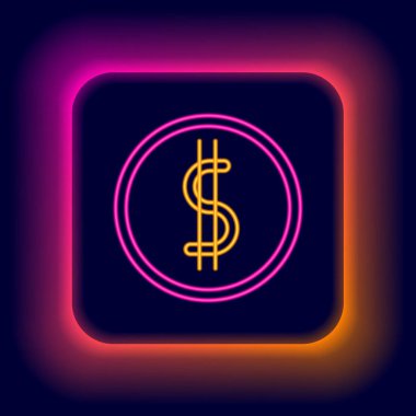 Parlak neon hattı parası ve siyah arka planda izole edilmiş dolar sembolü simgesi. Bankacılık işareti. Para sembolü. Renkli taslak konsepti. Vektör