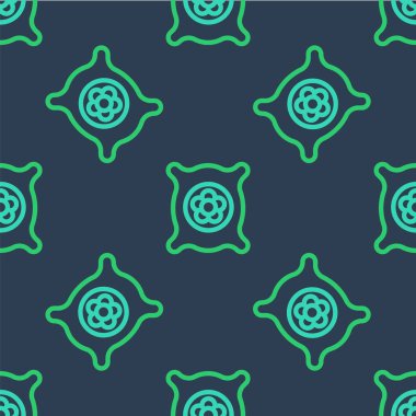 Özel bir bitki simgesinin tohumlarıyla dolu bir çizgi paketi mavi arkaplanda izole edilmiş pürüzsüz desen. Vektör