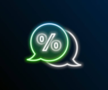 Parlayan neon hattı% indirimli etiket simgesi siyah arkaplanda izole edildi. Etiket alışverişi. Özel teklif işareti. İndirim kuponları sembolü. Renkli taslak konsepti. Vektör