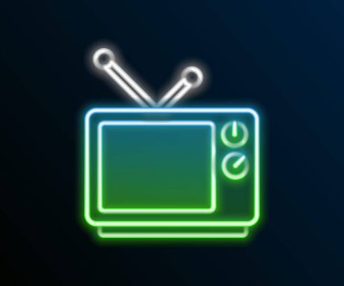 Parlayan neon hattı Retro TV simgesi siyah arkaplanda izole edildi. Televizyon tabelası. Renkli taslak konsepti. Vektör