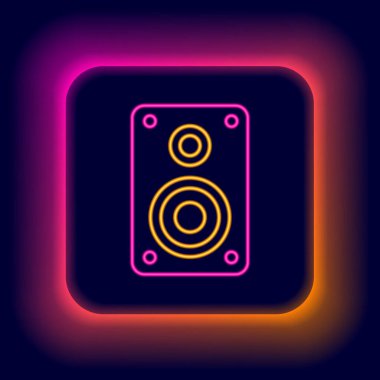 Parlayan neon hattı Stereo hoparlör simgesi siyah arkaplanda izole edildi. Ses sistemi hoparlörleri. Müzik ikonu. Müzikal sütun hoparlörü. Renkli taslak konsepti. Vektör