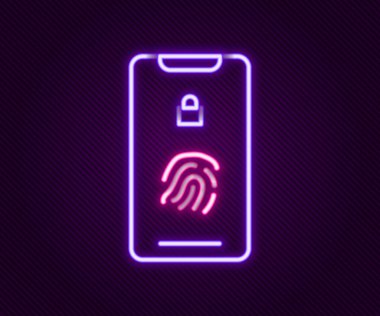 Siyah zemin üzerinde parmak izi tarayıcı simgesi olan parlak neon hattı Smartphone. Güvenlik kavramı, cep telefonundan kişisel erişim. Renkli taslak konsepti. Vektör