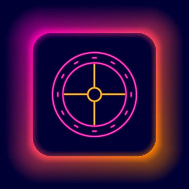 Parlayan neon çizgisi yuvarlak tahta kalkan ikonu siyah arkaplanda izole edildi. Güvenlik, güvenlik, koruma, mahremiyet, koruma kavramı. Renkli taslak konsepti. Vektör