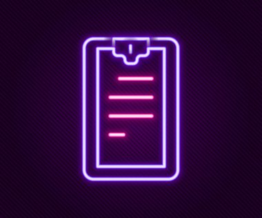 Siyah arkaplanda izole edilmiş kontrol listesi simgesiyle parlayan neon çizgi panosu. Kontrol listesi sembolü. Anket anketi ya da anket geri bildirim formu. Renkli taslak konsepti. Vektör