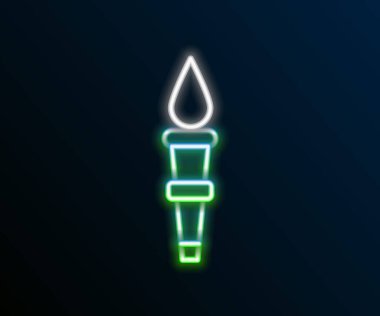 Parlayan neon hattı alev ikonu siyah arkaplanda izole edildi. Sembol ateşi sıcak, alev gücü, alev ve ısı. Renkli taslak konsepti. Vektör