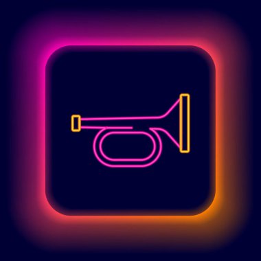 Parlayan neon hattı Trompet simgesi siyah arkaplanda izole edildi. Müzik aleti trompeti. Renkli taslak konsepti. Vektör