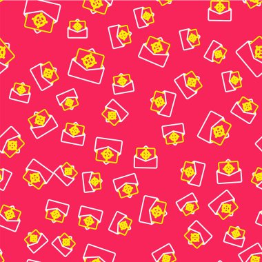 Satır Posta ve e-posta simgesi kırmızı arkaplanda izole edilmiş kusursuz desen. Zarf sembolü e-postası. E- posta kodu. Vektör