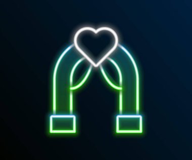 Parlayan neon hattı düğün simgesi siyah arka planda izole edildi. Düğün dekorasyonu. Renkli taslak konsepti. Vektör