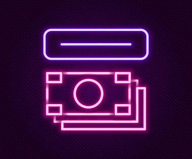 Parlak neon hattı ATM - Otomatik veznedar makinesi ve para ikonu siyah arkaplanda izole edildi. Renkli taslak konsepti. Vektör