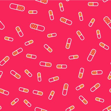 Hap kapsülü ikonunun çizgi Vitamin kompleksi kırmızı arkaplanda izole edilmiş kusursuz desen. Sağlıklı bir yaşam tarzı. Vektör