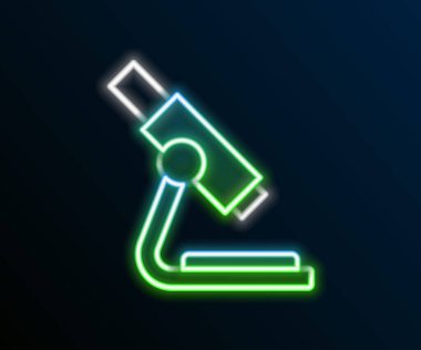 Parlayan neon hattı mikroskop simgesi siyah arkaplanda izole edildi. Kimya, ilaç aleti, mikrobiyoloji büyütme aracı. Renkli taslak konsepti. Vektör