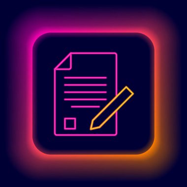 Siyah zemin üzerinde silgi simgesi olan parlak neon çizgi sınav kağıdı ve kalem. Sınav kağıdı, sınav ya da araştırma konsepti. Sınav ya da sınav. Renkli taslak konsepti. Vektör