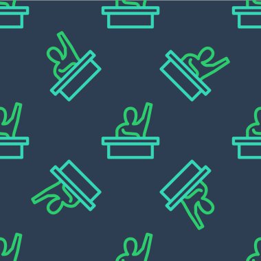 Çizgi aktif erkek çocuk, öğretmen soru ikonuna cevap veriyor mavi arka planda izole edilmiş kusursuz desen. Bir ilkokul öğrencisi elini kaldırır. Vektör