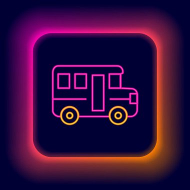 Parlayan neon hattı okul servisi simgesi siyah arkaplanda izole edildi. Toplu taşıma sembolü. Renkli taslak konsepti. Vektör