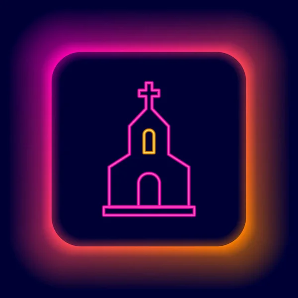 Λαμπερό Νέον Γραμμή Εκκλησία Κτίριο Εικονίδιο Απομονώνονται Μαύρο Φόντο Χριστιανική — Διανυσματικό Αρχείο