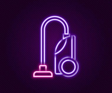 Parlayan neon hattı elektrik süpürgesi ikonu siyah arkaplanda izole edildi. Renkli taslak konsepti. Vektör