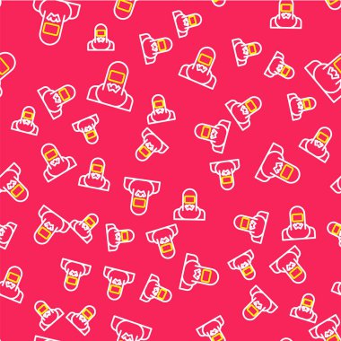 Koruyucu giysi ikonu takan Nükleer Santral işçisi kırmızı arka planda izole edilmiş kusursuz desen. Nükleer reaktör işçisi. Vektör