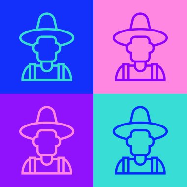 Şapka ikonundaki pop sanat çizgisi çiftçisi renk arkaplanda izole edilmiş. Vektör