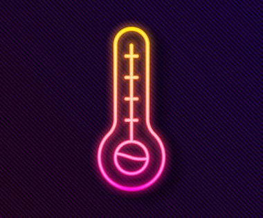 Parlayan neon hattı Meteoroloji termometresi, siyah zeminde izole edilmiş ısı ve soğuk ikonu ölçüyor. Termometre termometresi sıcak ya da soğuk hava gösteriyor. Vektör