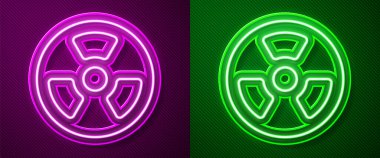 Parlayan neon hattı, mor ve yeşil arkaplanda izole edilmiş radyoaktif simge. Radyoaktif zehirli sembol. Radyasyon tehlikesi işareti. Vektör