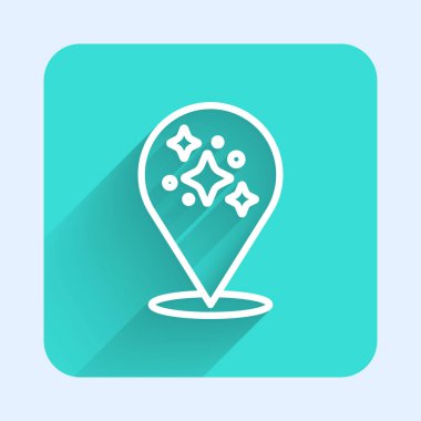 Beyaz çizgi ev temizlik hizmeti konsepti uzun gölge arkaplanı ile izole edilmiş. Bina ve ev. Yeşil kare düğmesi. Vektör