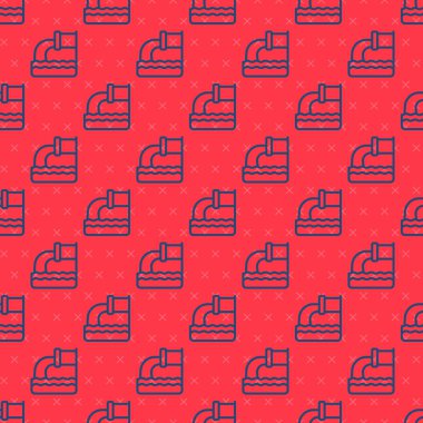 Mavi çizgi Atık Su simgesi kırmızı arkaplanda izole edilmiş. Kanalizasyon borusu. Borudan nehre sıvı akıyor. Vektör