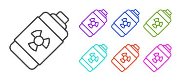 Siyah çizgi Nükleer Enerji Bataryası ikonu beyaz arka planda izole edildi. Simgeleri renklendirin. Vektör