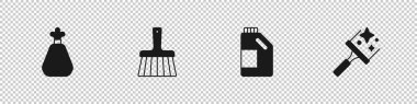 Çöp torbası, süpürge, temizlik malzemesi şişesi ve cam temizleme ikonu hazırla. Vektör