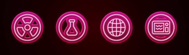Radyoaktif, deney tüpü ve matara, sosyal ağ ve mikrodalga fırını ayarlayın. Parlayan neon ikonu. Vektör