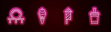 Hız trenini ayarla, dondurma külahında, havai fişek roketi ve su ile kağıt bardak. Parlayan neon ikonu. Vektör