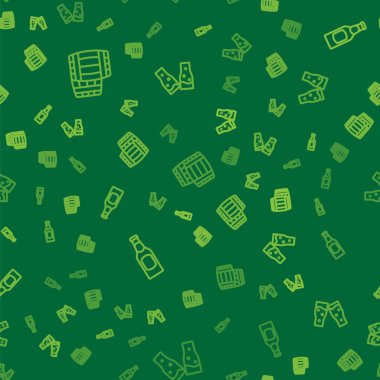 Ahşap fıçı, bira şişesi ve bir bardak birayı pürüzsüz bir şekilde yerleştir. Vektör