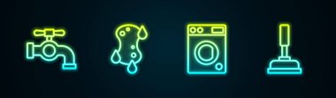Hattı su musluğu, Sünger, Yıkama ve Rubber pompası ayarlayın. Parlayan neon ikonu. Vektör