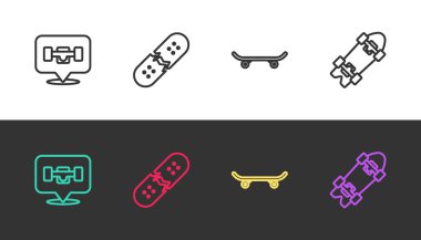 Çizgili kaykay tekerleği, kırık kaykay güvertesi ve Longboard ya da siyah beyaz. Vektör