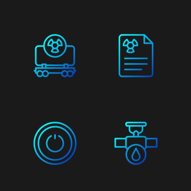 Hat Endüstrisi boru ve valf, güç düğmesi, Radyoaktif kargo treni ve Radyasyon uyarı belgesi. Renk simgeleri. Vektör