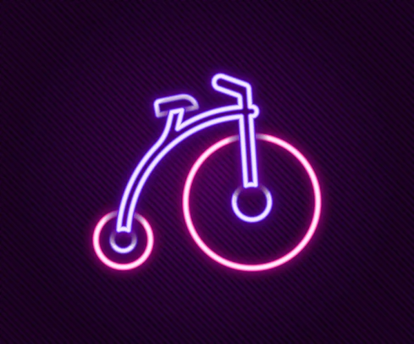 ネオンラインを輝く1つの大きなホイールと黒の背景に隔離された1つの小さなアイコンとヴィンテージ自転車 自転車公共交通機関の標識 カラフルなアウトラインコンセプト ベクトル — ストックベクタ
