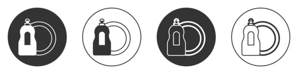 黑色洗涤液瓶和盘子图标隔离在白色背景上 洗碗用的液体洗涤剂 圆形按钮 — 图库矢量图片