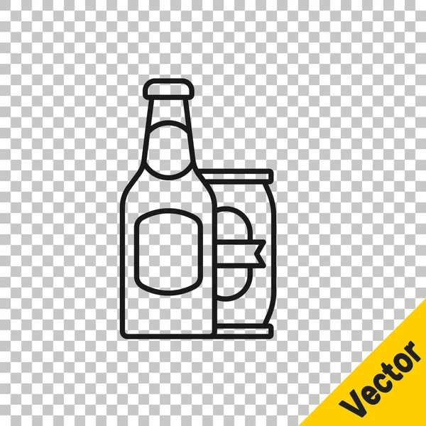 Black Line Beer Bottle Beer Can Icon Isolated Transparent Background — Stock Vector